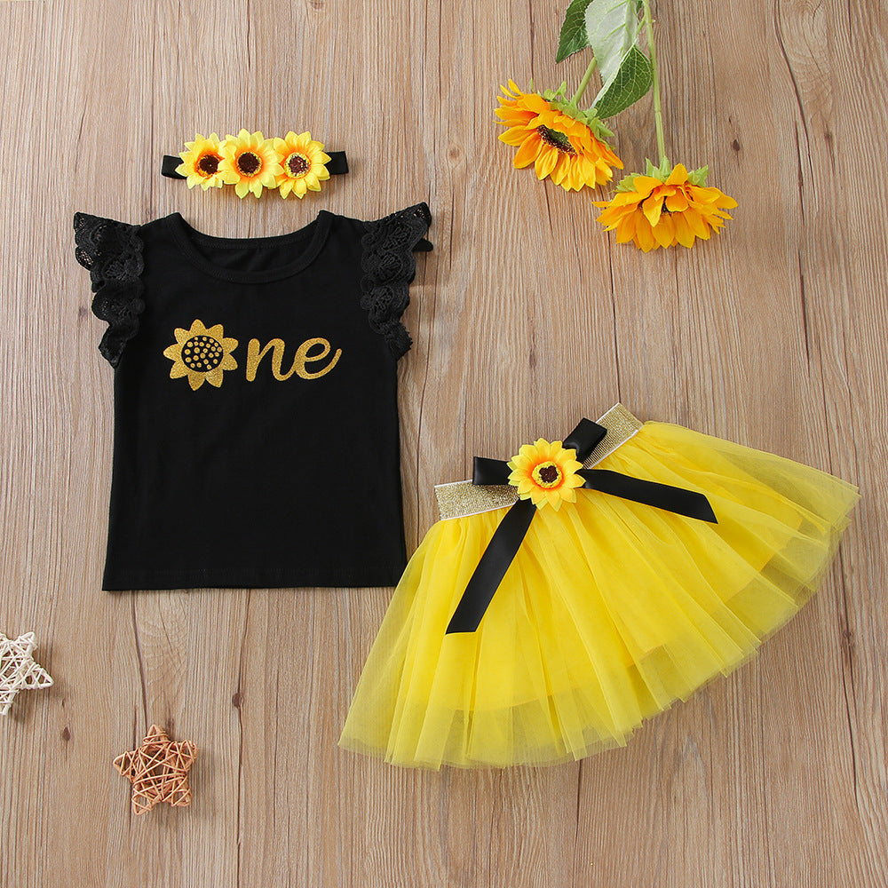 Wholesale Baby Little Chrysanthemum Black Bow Gauze Dress Three-piece set